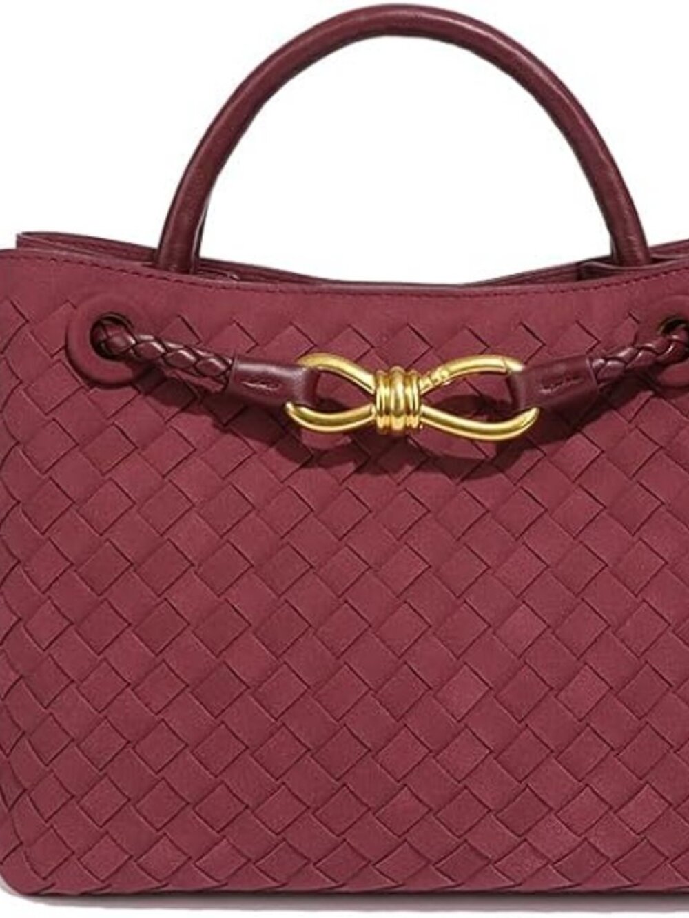 Women's B Burgundy Woven Leather Tote Handle Designer Handbag Shoulder Bag